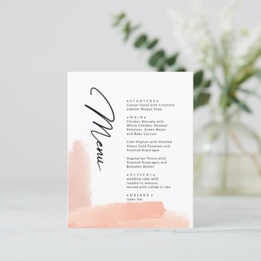 Roze penseelstreken. Eenvoudig modern trouwmenu (Staand voorkant)