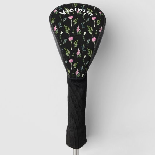 Roze Peonies Greenery Black Chic naam Golfheadcover (Voorkant)