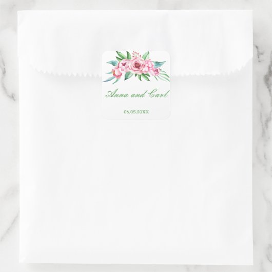 Roze PEONY bloemen GEPERSONALISEERD Vierkante Sticker (Tas)