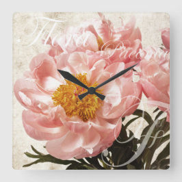 Roze Peony Flower Marble Script Background Vierkante Klok