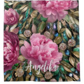 Roze Peony Flowers Aangepaste naam Douchegordijn (Voorkant)