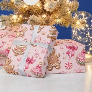 Roze peperkoekkoekjes en strikken Kerstpatroon Cadeaupapier