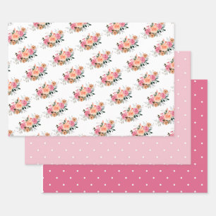 Roze Perzik Bloem en Stippen Plat Laken Set van 3 Inpakpapier Vel