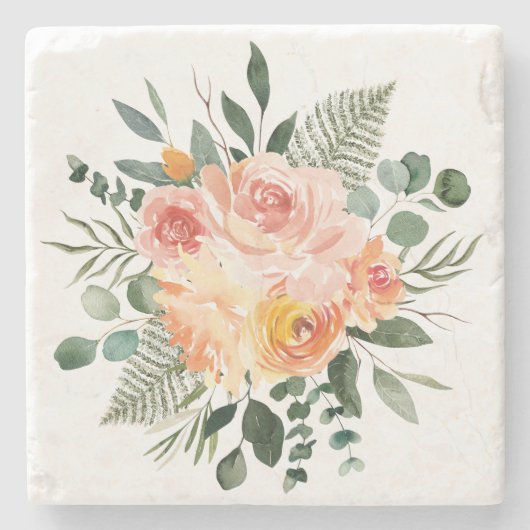Roze Perzik Bloem Eucalyptus Bladeren Bloemen Stenen Onderzetter (Voorkant)