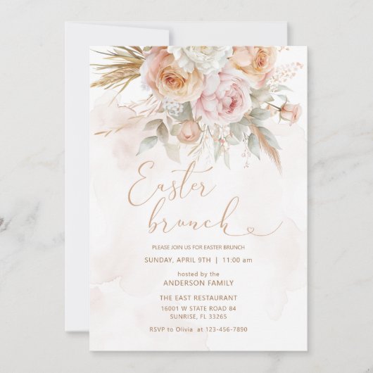 Roze perzik bloemen paasbrunch kaart (Voorkant)