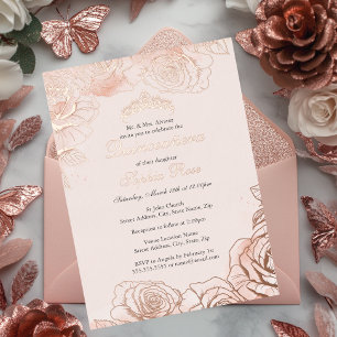 Roze Perzik Bloemen Roos Goud Quinceanera Folie Uitnodiging