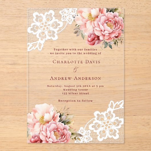 Roze perzik bloemenkant bruiloft acryl uitnodigingen (Voorkant)