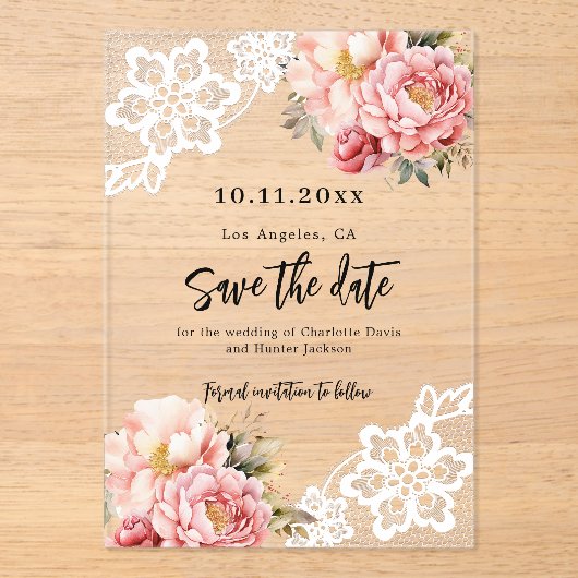 Roze perzik bloemenkant bruiloft Save the Date kaa Acryl Uitnodigingen (Voorkant)