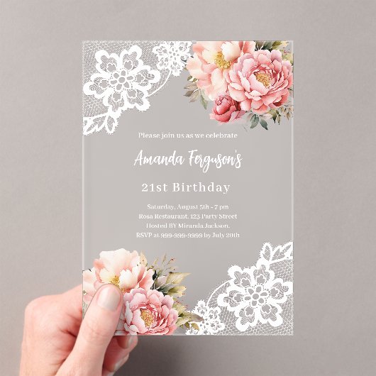 Roze perzik bloemenkant verjaardag acryl uitnodigingen (Insitu (Draagbaar))