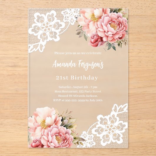 Roze perzik bloemenkant verjaardag acryl uitnodigingen (Voorkant)