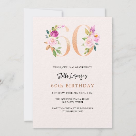 Roze perzik bloemnummer goud 60e verjaardag luxe kaart (Voorkant)
