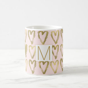 Roze Perzik en Gouden Harten Monogram Koffiemok