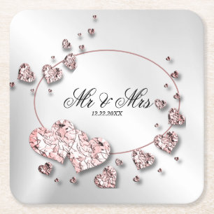 Roze perzik glanzende harten geometrisch elegant vierkante kartonnen onderzetter