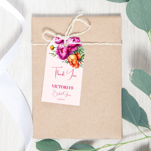 Roze perzik pioenen vrijgezellenfeest dank u gunst cadeaulabel