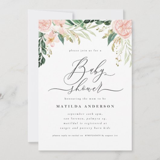 Roze perziken florale watecolor baby shower (Voorkant)