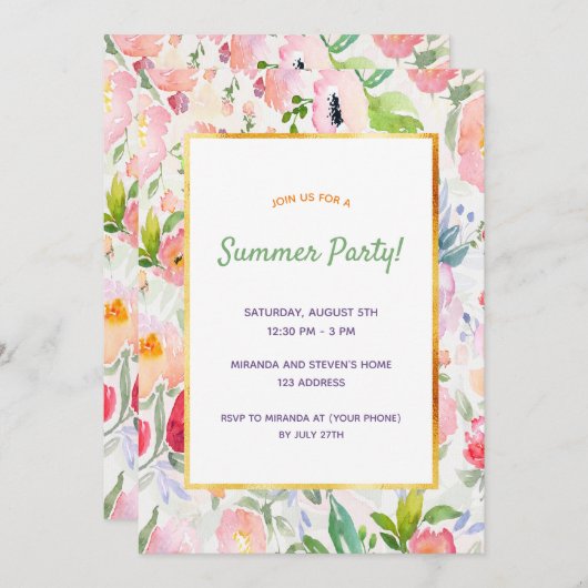 Roze perzikkleurige bloemperen zomerfeest kaart (Voorkant / Achterkant)