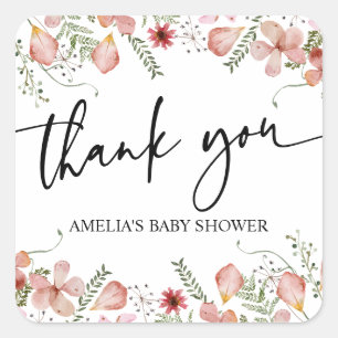 Roze perzikkleurige wilde bloemen Baby shower Dank Vierkante Sticker