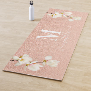 Roze perzikkoraalglitter magnolia floral yogamat