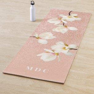 Roze perzikkoraalglitter magnolia florale initiale yogamat