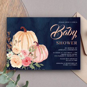Roze perzikpompoen Floral Navy Blue Baby shower Kaart