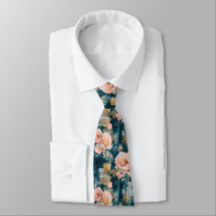Roze Perzikrozen Teal Maximalistische Bloemen Stropdas