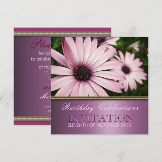 Roze Petals Flower Birthday Party Invitation Kaart (Voorkant / Achterkant)