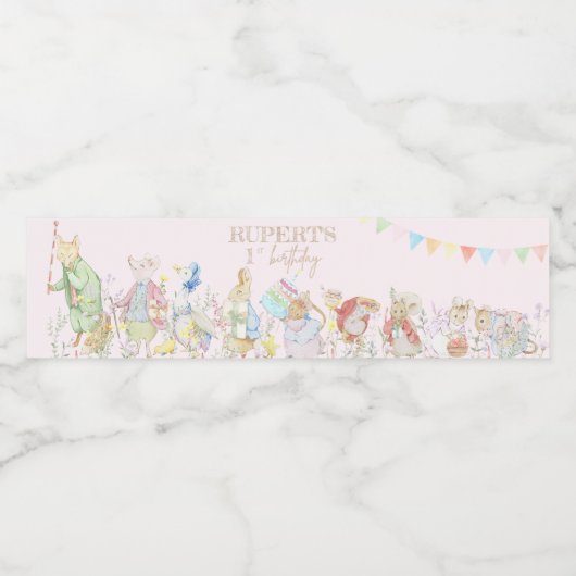 Roze Peter het Konijn Eerste Verjaardag Waterfles Etiket (Enkel label)