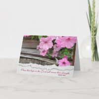 Roze petunia's met bijbelverse kaart