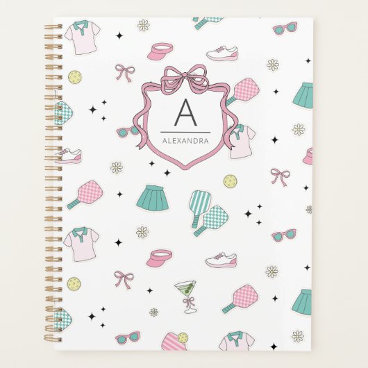 Roze Pickleball Verzorgde Monogram Print Planner (Voorkant)