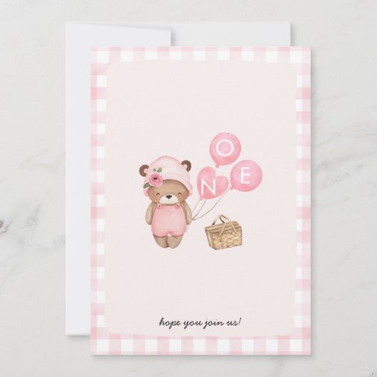 Roze Picknickmand en Teddy Bear 1e Verjaardag Kaart (Achterkant)