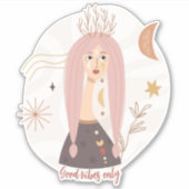 Roze pigtails boho vrouw bloemen maan bevestigen sticker (Voorkant)