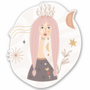 Roze pigtails boho vrouw bloemen maan bevestigen sticker