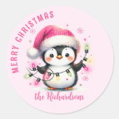 Roze Pinguïn met Lichten Familienaam Kerstmis Ronde Sticker (Voorkant)