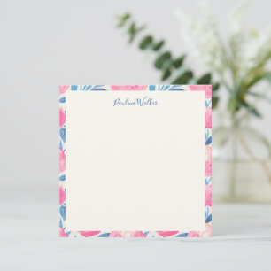 Roze Pioen Blauwe Botanische Rand Script Naam Notitiekaartje