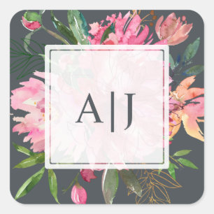Roze Pioen Bloem Botanisch Monogram Vierkante Sticker