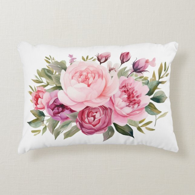 Roze Pioen Bloemen Bloemstuk Waterverf Elegant Accent Kussen (Voorkant)