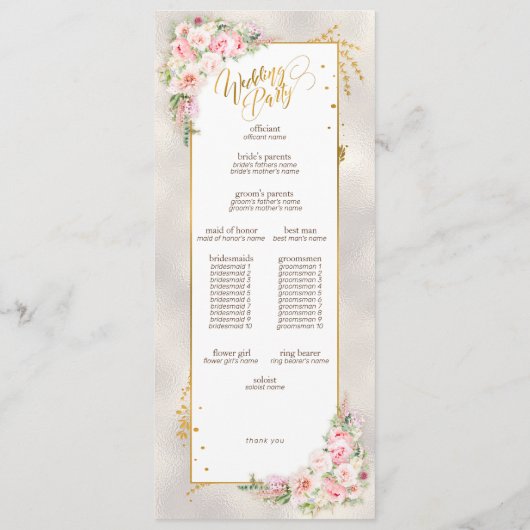Roze Pioen Bloemen Goud Script & Lijst Bruiloft Programma (Achterkant)