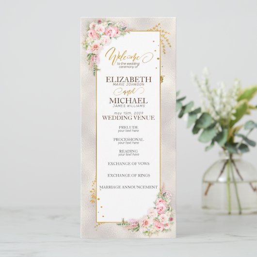 Roze Pioen Bloemen Goud Script & Lijst Bruiloft Programma (Staand voorkant)