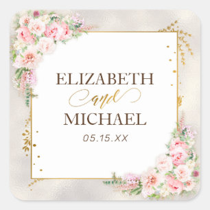Roze Pioen Bloemen Goud Script & Lijst Bruiloft Vierkante Sticker