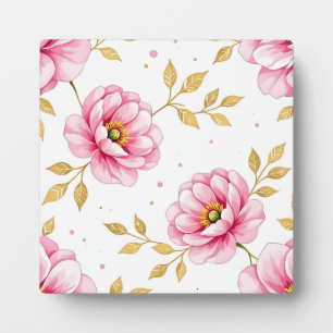 Roze Pioen Bloemen Gouden Bladeren Patroon Fotoplaat