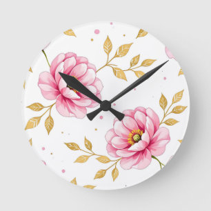 Roze Pioen Bloemen Gouden Bladeren Patroon Ronde Klok