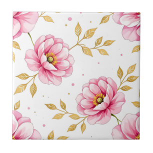 Roze Pioen Bloemen Gouden Bladeren Patroon Tegeltje
