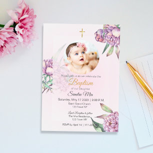 Roze Pioen Bloemen met Foto Baptisme Uitnodiging