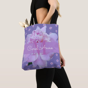 Roze Pioen Bloemen Monogram Paarse Draagtas