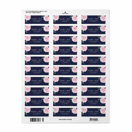 Roze Pioen Bloemen Navy Achtergrond | Bruiloft Etiket (Full Sheet)