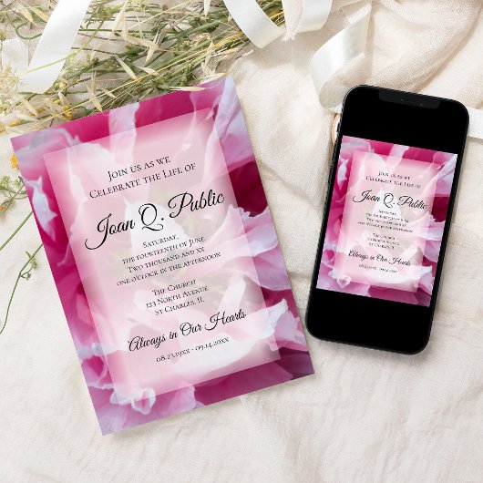 Roze Pioen Bloemen Viering van het Leven Memorial Kaart