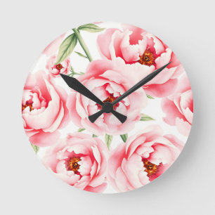 Roze Pioen Bloesem Waterverf Patroon Ronde Klok