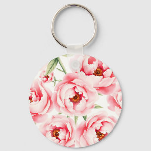 Roze Pioen Bloesem Waterverf Patroon Sleutelhanger