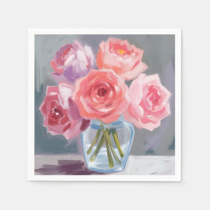 Roze Pioen Boeket Bloemige Aquarel Geschilderd Servet
