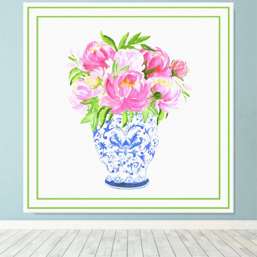 Roze Pioen Chine de Vaas Groene Rand Canvas Afdruk (Insitu (Houten vloer))